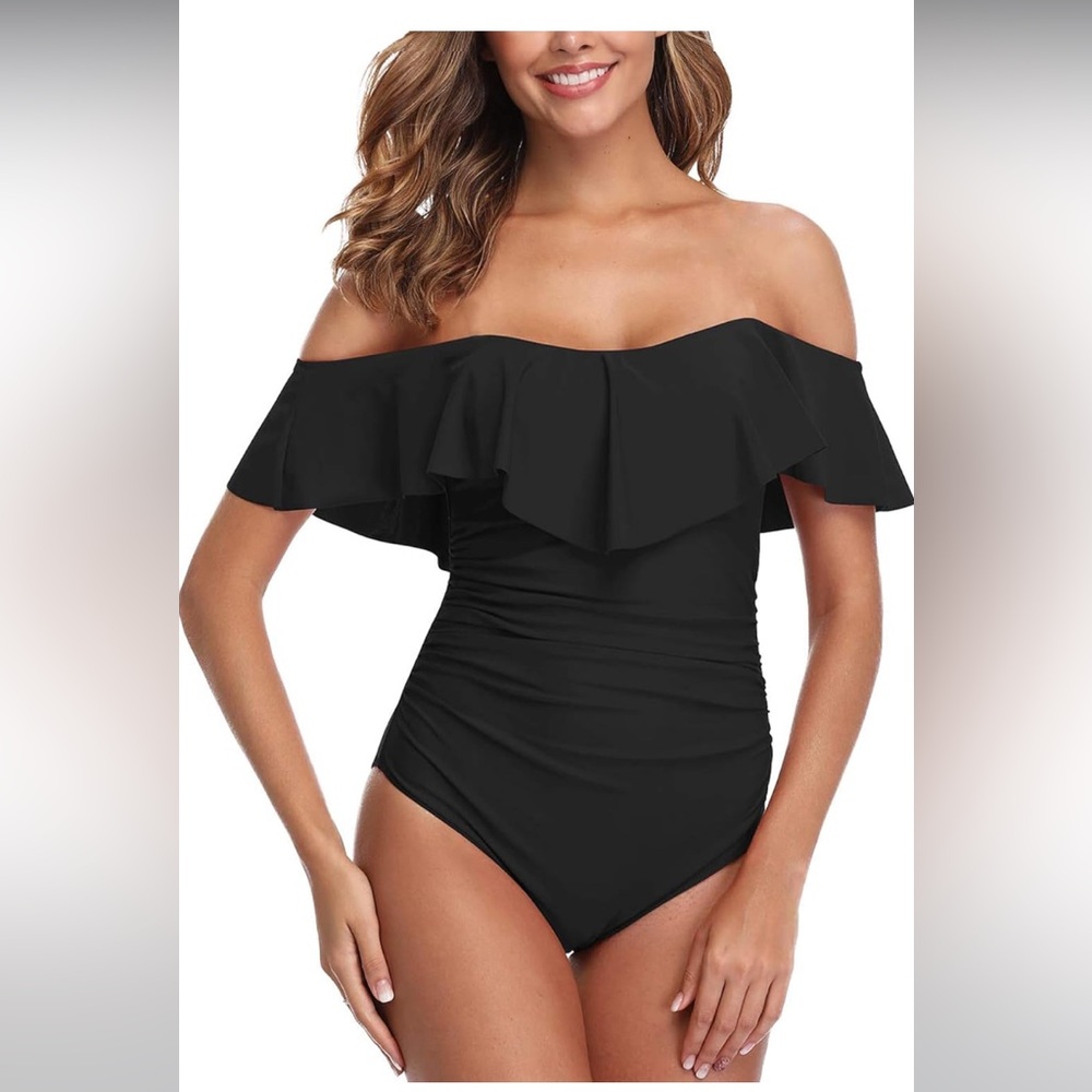 ZINPRETTY Womens Retro 1 Pc Bathing Suit Tummy Control Off Shoulder,New no tags